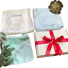 Load image into Gallery viewer, Personalised Blue Bamboo Hooded Towel, White Waffle Blanket & Elephant Comforter - 3 Piece Personalised Gift Set