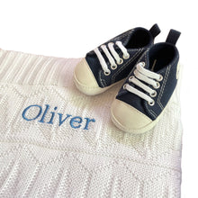 Load image into Gallery viewer, White Knitted Bamboo Blanket, Personalised Bamboo Hooded Towel, Personalised Elf Elephant Comforter & Navy Canvas Baby Shoes - 4 Piece Personalised Gift Set