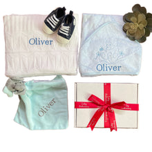 Load image into Gallery viewer, White Knitted Bamboo Blanket, Personalised Bamboo Hooded Towel, Personalised Elf Elephant Comforter & Navy Canvas Baby Shoes - 4 Piece Personalised Gift Set