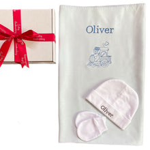 Load image into Gallery viewer, Blue Bamboo Embroidered Blanket & Personalised 100% White Cotton Baby Beanie & Anti-Scratch Mitten Set - 2 Piece Personalised Gift Set