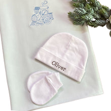 Load image into Gallery viewer, Blue Bamboo Embroidered Blanket, Personalised Cotton Beanie Set & Personalised Elf Elephant Comforter - 3 Piece Personalised Gift Set