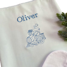 Load image into Gallery viewer, Blue Train Personalised Embroidered Bamboo Bassinet/ Pram Blanket