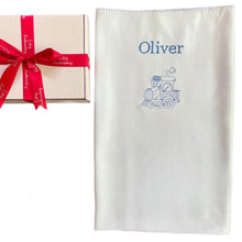Load image into Gallery viewer, Blue Train Personalised Embroidered Bamboo Bassinet/ Pram Blanket