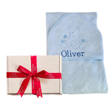 Load image into Gallery viewer, White Knitted Bamboo Blanket, Personalised Bamboo Hooded Towel, Personalised Elf Elephant Comforter & Navy Canvas Baby Shoes - 4 Piece Personalised Gift Set