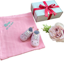 Load image into Gallery viewer, Pink Bamboo Muslin & Canvas Soft Soled Baby Shoes - 2 Piece Personalised Gift Set