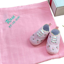 Load image into Gallery viewer, Pink Bamboo Muslin & Canvas Soft Soled Baby Shoes - 2 Piece Personalised Gift Set