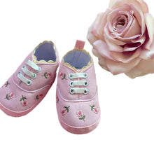 Load image into Gallery viewer, Pink Bamboo Muslin & Canvas Soft Soled Baby Shoes - 2 Piece Personalised Gift Set