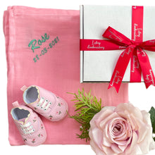 Load image into Gallery viewer, Pink Bamboo Muslin & Canvas Soft Soled Baby Shoes - 2 Piece Personalised Gift Set
