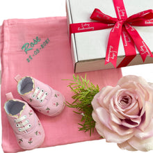 Load image into Gallery viewer, Pink Bamboo Muslin & Canvas Soft Soled Baby Shoes - 2 Piece Personalised Gift Set