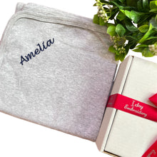 Load image into Gallery viewer, Personalised 100% Cotton Grey Wrap & Canvas Embroidered Baby Girls Shoes - 2 Piece Personalised Baby Girls Gift Set