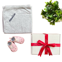 Load image into Gallery viewer, Personalised 100% Cotton Grey Wrap & Canvas Embroidered Baby Girls Shoes - 2 Piece Personalised Baby Girls Gift Set