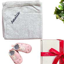 Load image into Gallery viewer, Personalised 100% Cotton Grey Wrap & Canvas Embroidered Baby Girls Shoes - 2 Piece Personalised Baby Girls Gift Set