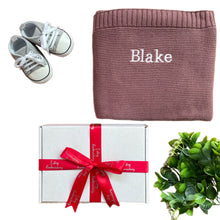 Load image into Gallery viewer, Coffee Cotton Knitted Blanket & Unisex Canvas Baby Shoes - 2 Piece Personalised Gift Set
