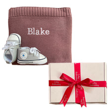 Load image into Gallery viewer, Coffee Cotton Knitted Blanket & Unisex Canvas Baby Shoes - 2 Piece Personalised Gift Set