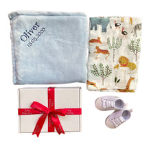 Load image into Gallery viewer, Blue Coral Fleece Blanket, Bamboo Muslin & Shoes - 3 Piece Personalised Gift Set