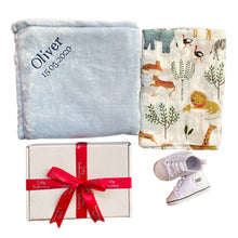 Load image into Gallery viewer, Blue Coral Fleece Blanket, Bamboo Muslin & Shoes - 3 Piece Personalised Gift Set