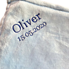 Load image into Gallery viewer, Blue Coral Fleece Blanket, Bamboo Muslin & Shoes - 3 Piece Personalised Gift Set