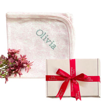 Load image into Gallery viewer, Grey Cotton Blanket, Pink Cotton Wrap & Pink Canvas Sequenced/Glitter Baby Shoes - 3 Piece Personalised Gift Set