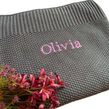 Load image into Gallery viewer, Grey Cotton Blanket, Pink Cotton Wrap & Pink Canvas Sequenced/Glitter Baby Shoes - 3 Piece Personalised Gift Set