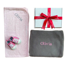 Load image into Gallery viewer, Grey Cotton Blanket, Pink Cotton Wrap & Pink Canvas Sequenced/Glitter Baby Shoes - 3 Piece Personalised Gift Set