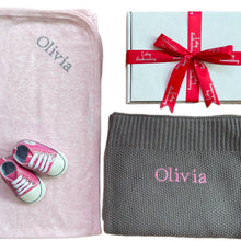 Load image into Gallery viewer, Grey Cotton Blanket, Pink Cotton Wrap & Pink Canvas Sequenced/Glitter Baby Shoes - 3 Piece Personalised Gift Set