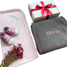 Load image into Gallery viewer, Grey Cotton Blanket, Pink Cotton Wrap & Pink Canvas Sequenced/Glitter Baby Shoes - 3 Piece Personalised Gift Set