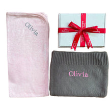 Load image into Gallery viewer, Grey Egyptian Cotton Blanket & Pink Cotton Wrap - 2 Piece Personalised Gift Set