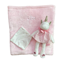 Load image into Gallery viewer, Pink Fleece Blanket, Personalised Unicorn Doll & Embroidered Canvas Baby Shoes - 3 Piece Personalised Gift Set
