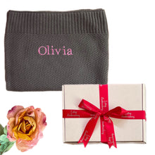 Load image into Gallery viewer, Grey Egyptian Cotton Blanket & Pink Cotton Wrap - 2 Piece Personalised Gift Set