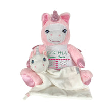 Load image into Gallery viewer, Pink "Calypso" Unicorn & White Unicorn Snuggle Comforter - 2 Piece Personalised Gift Set