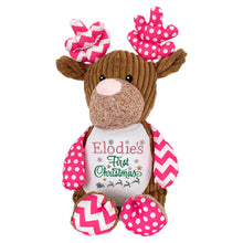 Load image into Gallery viewer, Cotton Blanket, Personalised "Pinkie" Reindeer, Personalised Christmas Embroidered Stocking & Embroidered Shoes- 4 Piece Personalised Christmas Gift Set