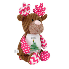 Load image into Gallery viewer, Cotton Knitted Blanket, Personalised Embroidered Christmas Stocking & Personalised "Pinkie" Patchwork Reindeer - 3 Piece Personalised Christmas Gift Set