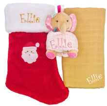 Load image into Gallery viewer, Embroidered Christmas Stocking, Personalised Bamboo Muslin & Elephant Comforter- 3 Piece Personalised Christmas Gift Set