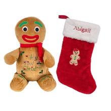 Load image into Gallery viewer, Embroidered Christmas Stocking & Personalised "Yum' Gingerbread Plush- 2 Piece Personalised Christmas Gift Set