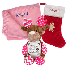 Load image into Gallery viewer, Cotton Knitted Blanket, Personalised Embroidered Christmas Stocking & Personalised "Pinkie" Patchwork Reindeer - 3 Piece Personalised Christmas Gift Set