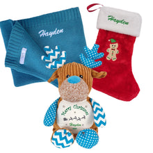 Load image into Gallery viewer, Cotton Knitted Blanket, Personalised Embroidered Christmas Stocking & Personalised Bluey Patchwork Reindeer- 3 Piece Personalised Christmas Gift Set
