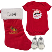 Load image into Gallery viewer, Romper & Embroidered Christmas Stocking & Canvas Sequenced Baby Shoes- 3 Piece Personalised Christmas Gift Set