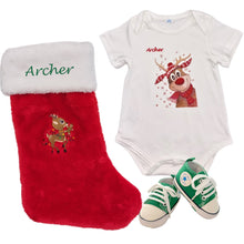Load image into Gallery viewer, Romper, Personalised Embroidered Christmas Stocking & Baby Shoes- 3 Piece Personalised Christmas Gift Box