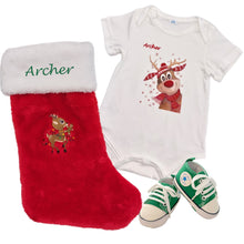 Load image into Gallery viewer, Romper, Personalised Embroidered Christmas Stocking & Baby Shoes- 3 Piece Personalised Christmas Gift Box