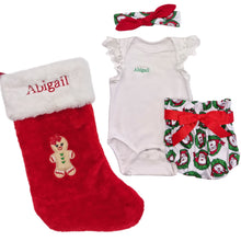 Load image into Gallery viewer, Embroidered Stocking, Baby Girls Personalised Romper, Bloomers & Headband Outfit- 4 Piece Personalised Christmas Gift Set