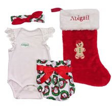 Load image into Gallery viewer, Embroidered Stocking, Baby Girls Personalised Romper, Bloomers & Headband Outfit- 4 Piece Personalised Christmas Gift Set
