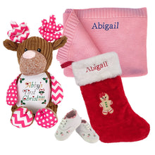 Load image into Gallery viewer, Cotton Blanket, Personalised "Pinkie" Reindeer, Personalised Christmas Embroidered Stocking & Embroidered Shoes- 4 Piece Personalised Christmas Gift Set