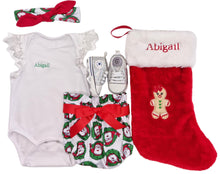Load image into Gallery viewer, Christmas Romper Outfit, Personalised Embroidered Christmas Stocking & Sequenced Baby Shoes- 5 Piece Personalised Christmas Gift Set