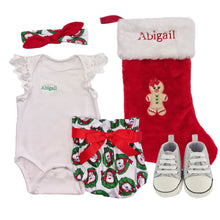 Load image into Gallery viewer, Christmas Romper Outfit, Personalised Embroidered Christmas Stocking & Sequenced Baby Shoes- 5 Piece Personalised Christmas Gift Set