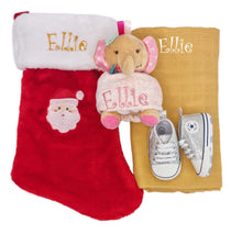 Load image into Gallery viewer, Embroidered Stocking, Personalised Bamboo Muslin, Personalised Elephant Comforter & Sequenced/glitter Canvas Baby Shoes- 4 Piece Personalised Christmas Gift Set