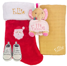 Load image into Gallery viewer, Embroidered Stocking, Personalised Bamboo Muslin, Personalised Elephant Comforter & Sequenced/glitter Canvas Baby Shoes- 4 Piece Personalised Christmas Gift Set