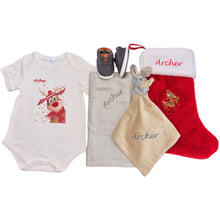 Load image into Gallery viewer, Romper, Stocking, Personalised Bamboo Muslin, Personalised Bunny Comforter & Canvas Baby Shoes- 5 Piece Personalised Christmas Gift Set
