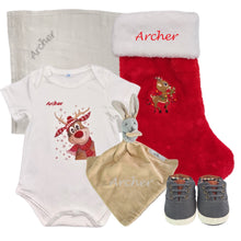 Load image into Gallery viewer, Romper, Stocking, Personalised Bamboo Muslin, Personalised Bunny Comforter & Canvas Baby Shoes- 5 Piece Personalised Christmas Gift Set