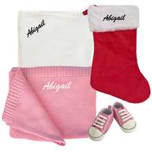Load image into Gallery viewer, Christmas Stocking, Personalised Cotton Blanket Bamboo Muslin & Sequinned Canvas Shoes- 4 Piece Personalised Christmas Gift Set
