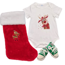 Load image into Gallery viewer, Romper, Personalised Embroidered Christmas Stocking & Baby Shoes- 3 Piece Personalised Christmas Gift Box